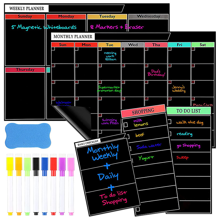 Dry Erase Black Chalkboard Magnetic Weekly Monthly Planner Calendar Fridge Magnetic Board For Refrigerator